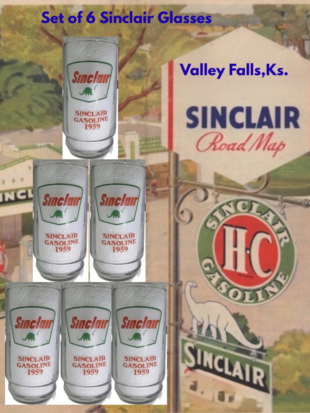 Set Of 6 Sinclair “Through the Years” Series Drinking Glasses.